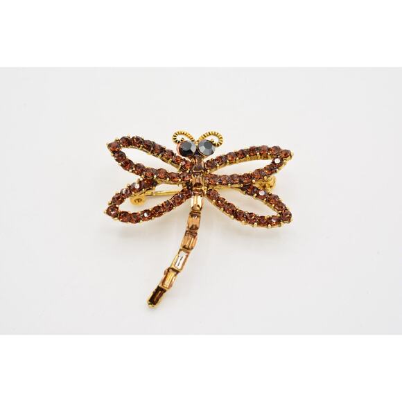 WM Vintage Dragonfly Crystal Pin Brooch Brown Rhinestone Gold Signed AS IS BinAJ - Picture 4 of 12